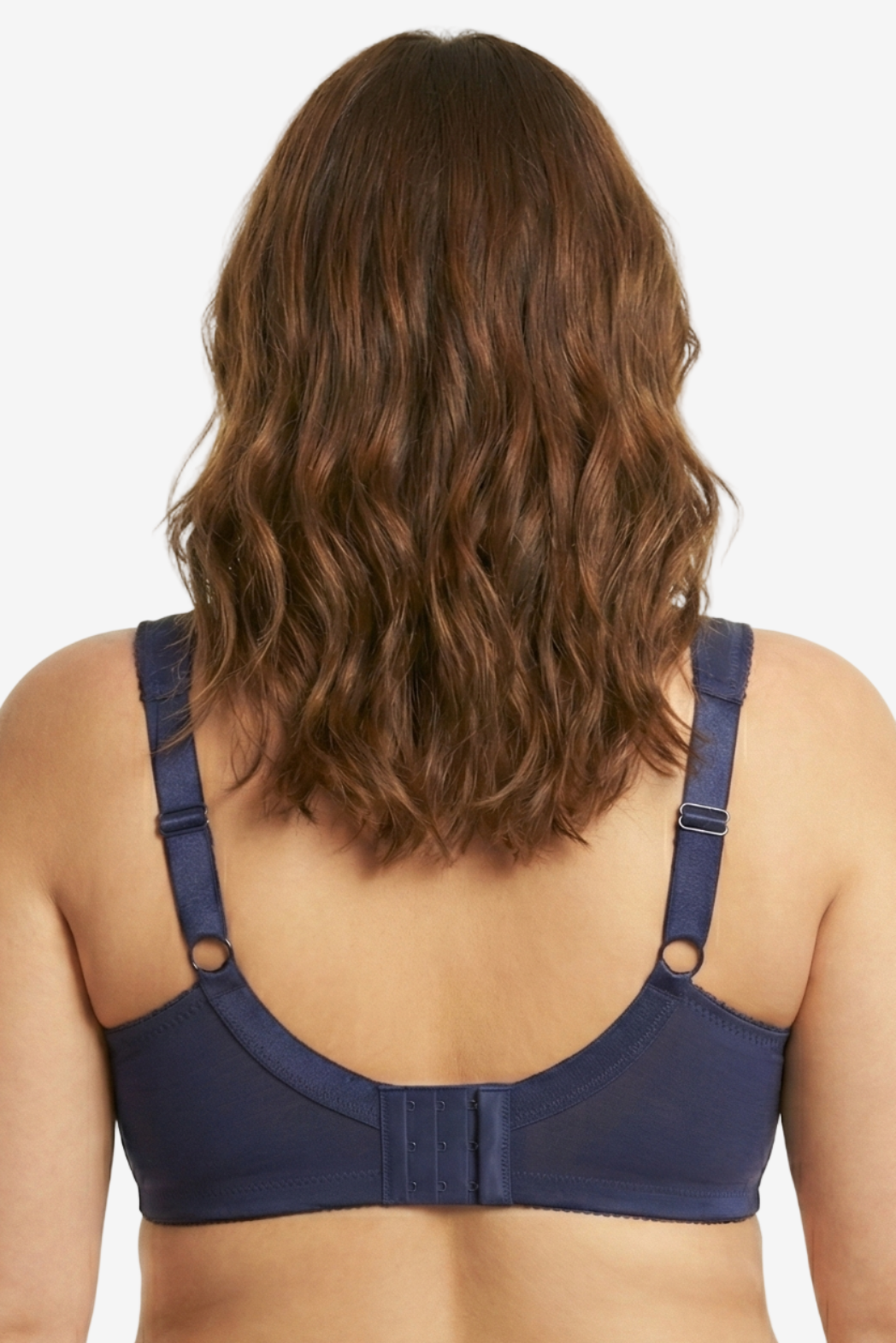 Navy blue bra worn by a person on a white background