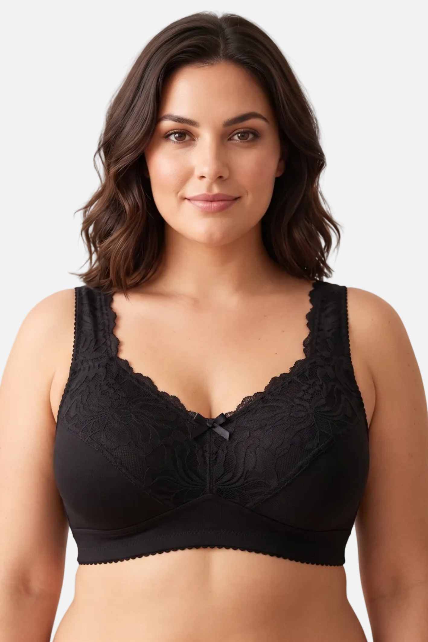 Woman wearing a black lace bralette