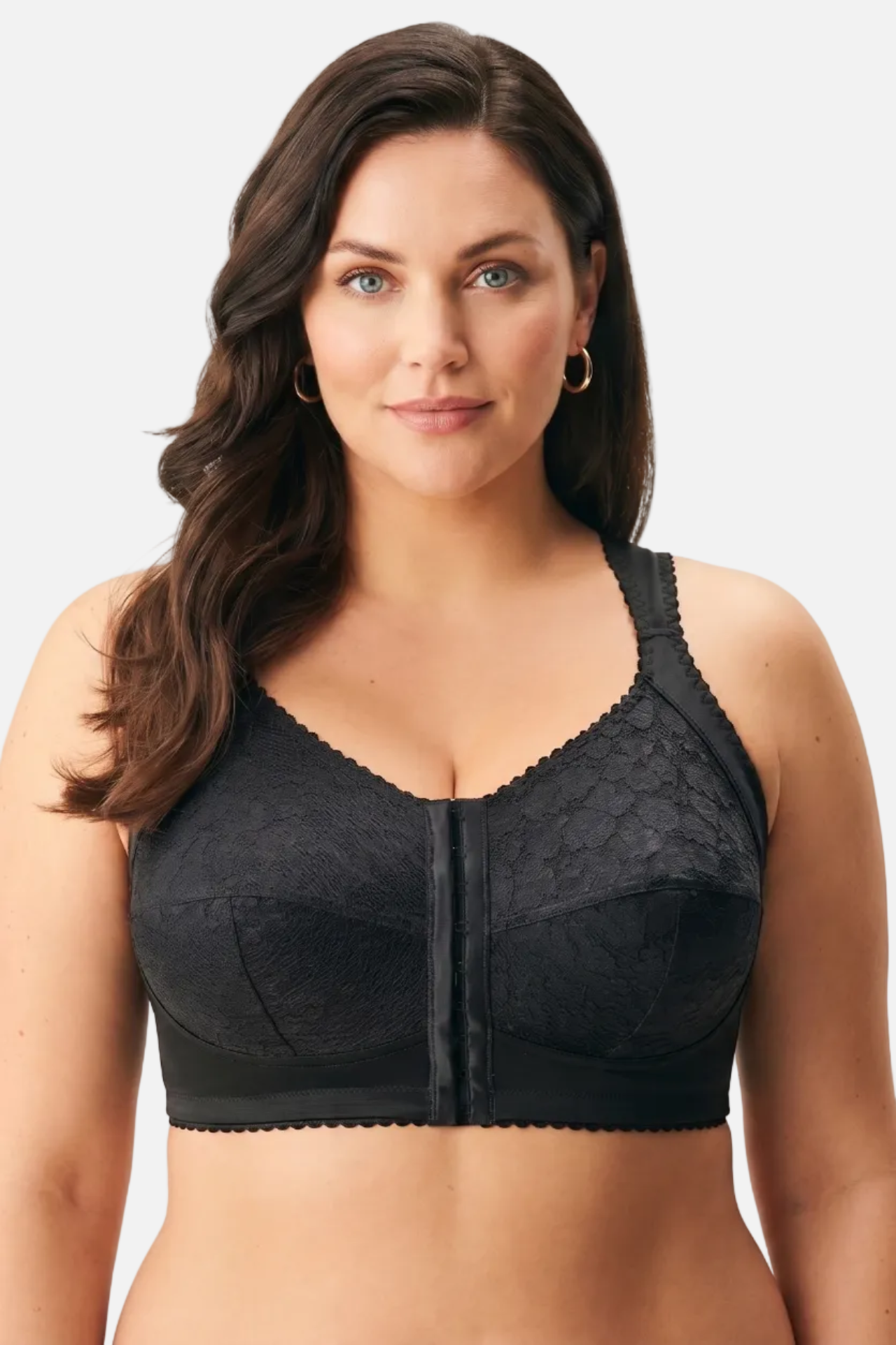 Woman wearing a black lace bralette