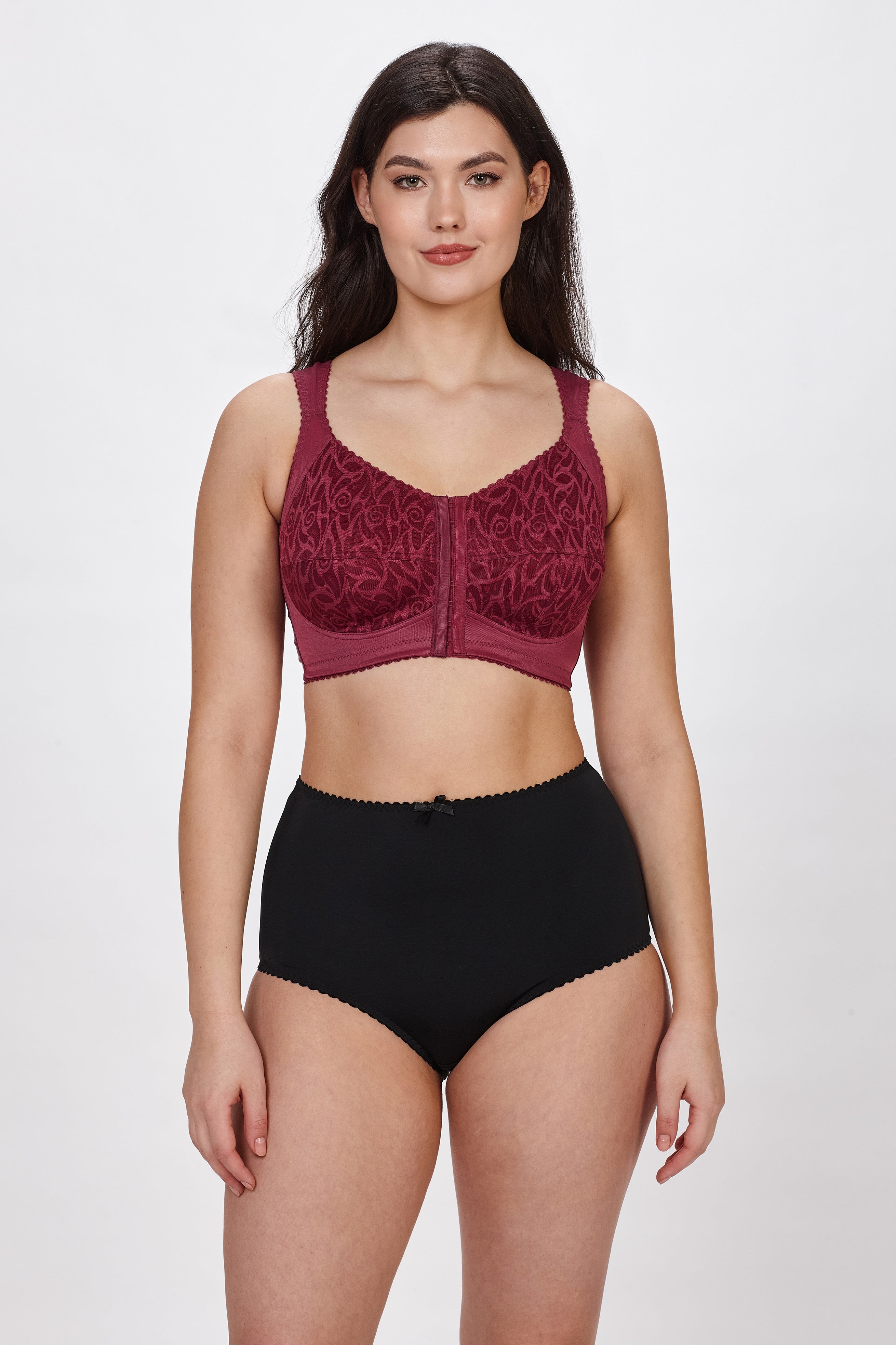 Carmen non-wired front-closure bra in burgundy