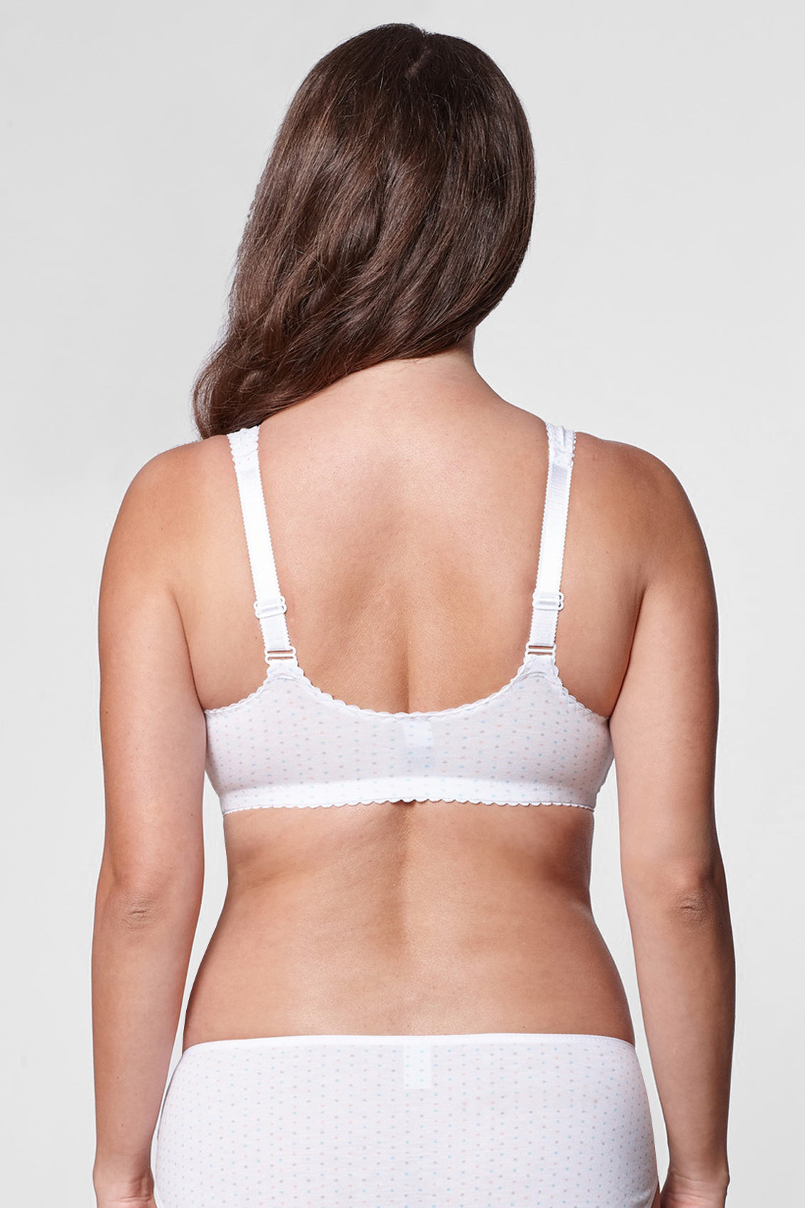 Adria cotton front closure bra with polka dot print in white