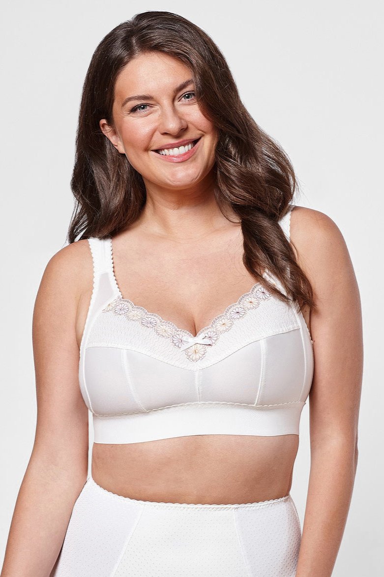 Adriana non-wired long bra with floral embroidery in ivory