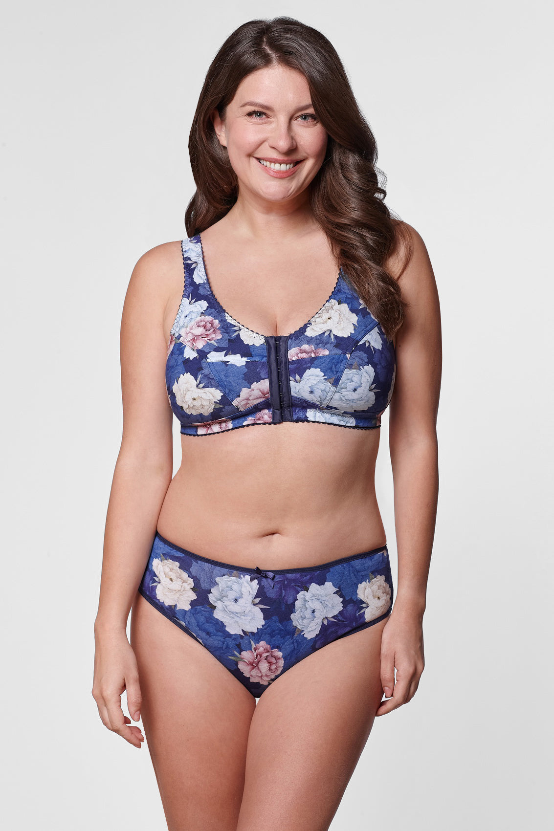 Becka floral print front closure bra in navy