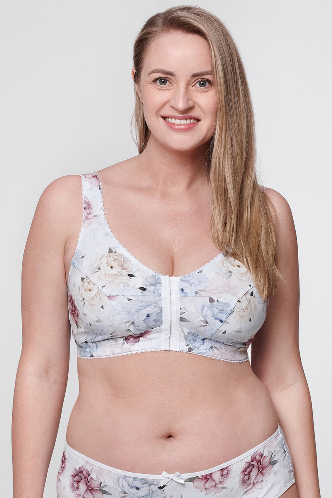 Becka floral print front closure bra in white