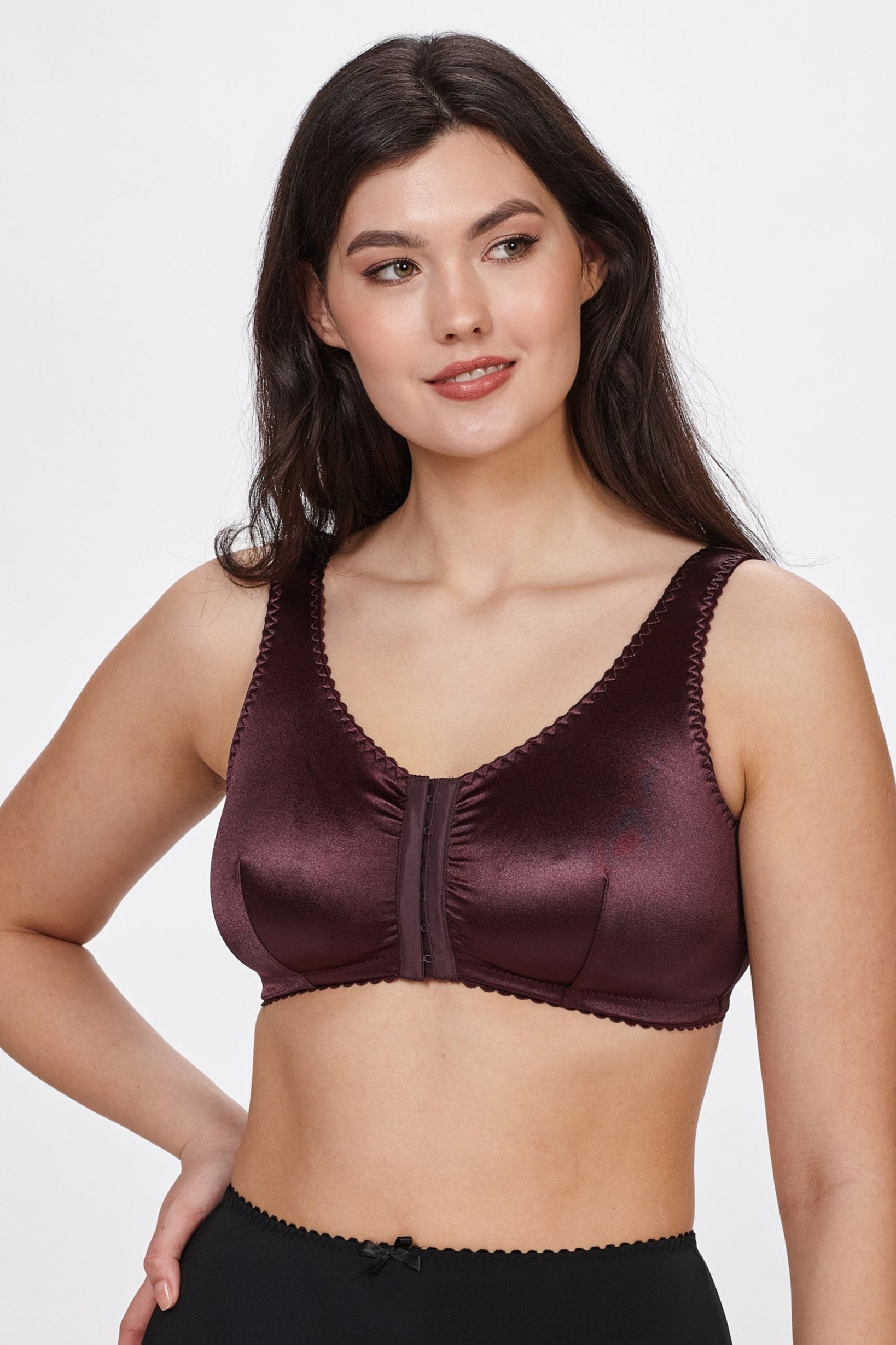 Carina non-wired front-closure bra in burgundy